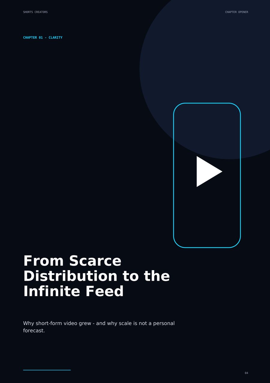 Chapter opener page: From Scarce Distribution to the Infinite Feed, on a dark surface with a signal line