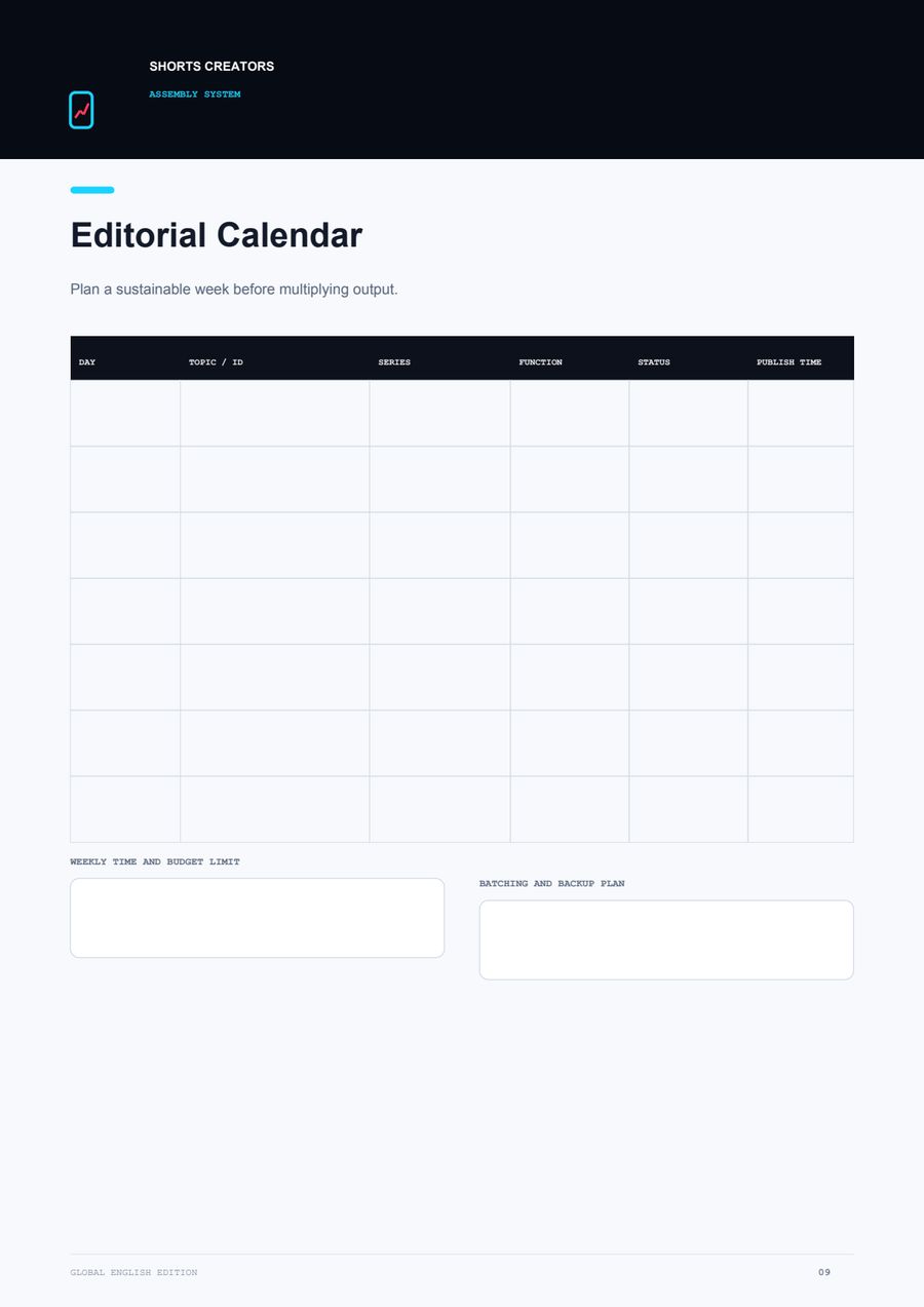 Interactive workbook page: editorial calendar grid with fillable fields