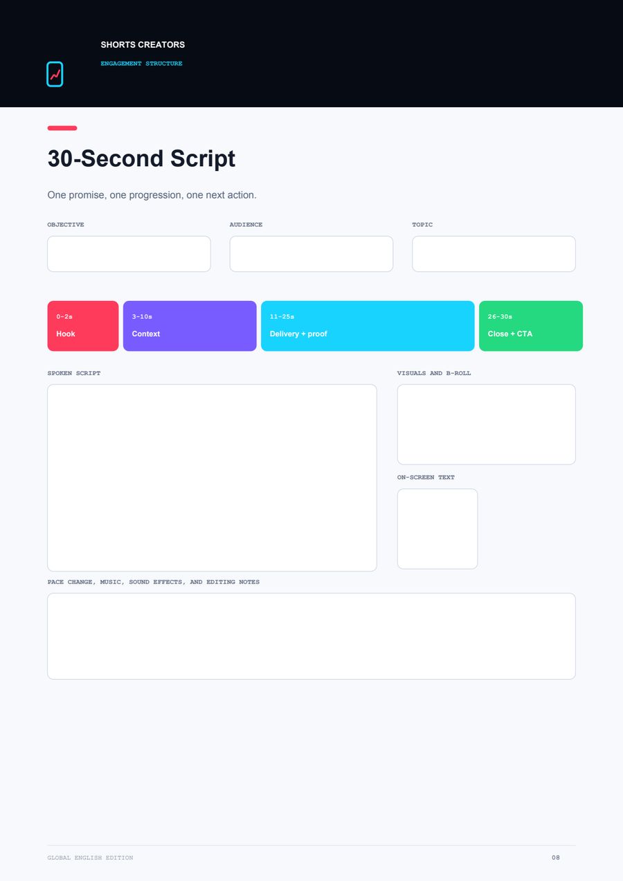 Interactive workbook page: 30-second script worksheet with fillable fields